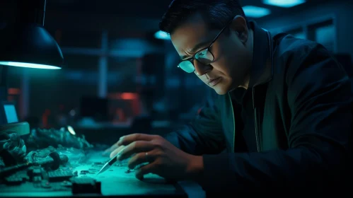 Captivating Sci-Fi Scene: A Man Working at Electronics in the Dark