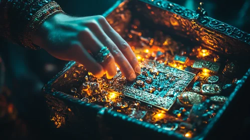 Hand in Treasure Chest with Jewels