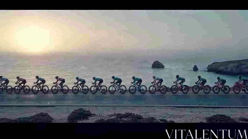 Cyclists Riding on Road Near Ocean - Cinematic Stills Style AI Image