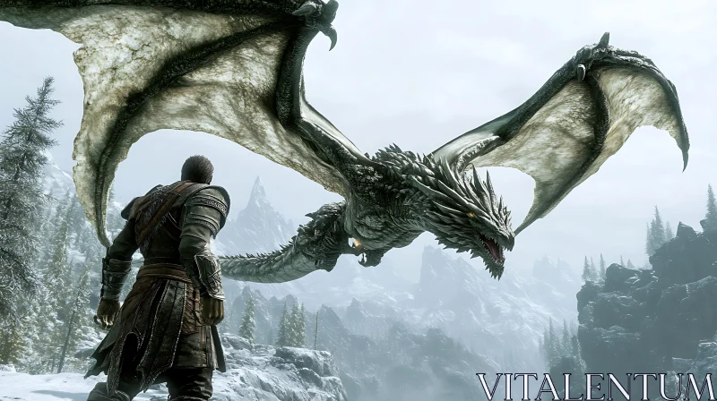 Dragon Encounter in Snowy Mountains AI Image