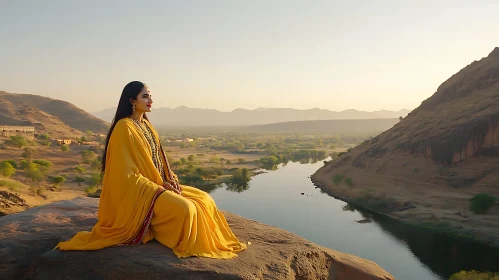 Woman in Yellow by Mountain River