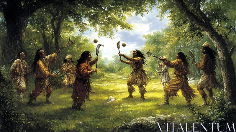 Indigenous People Playing Lacrosse in Forest AI Image