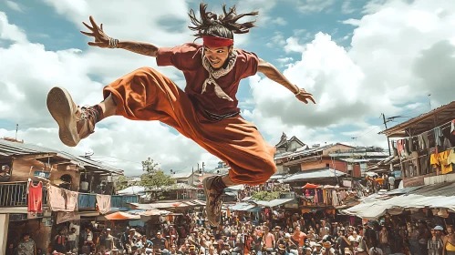 Man's Exuberant Jump in Urban Landscape