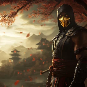 Golden Masked Warrior in Autumn Landscape