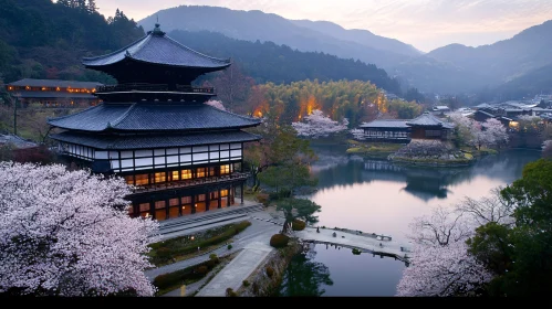 Japanese Pagoda by Lake at Sunrise