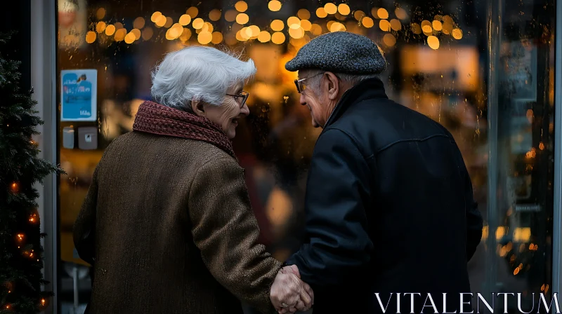 Romantic Elderly Couple Holding Hands in City AI Image