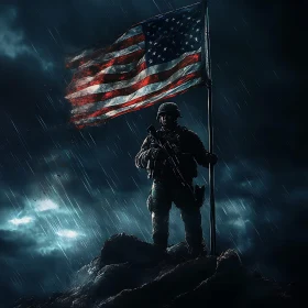Resolute Soldier with American Flag in Rain