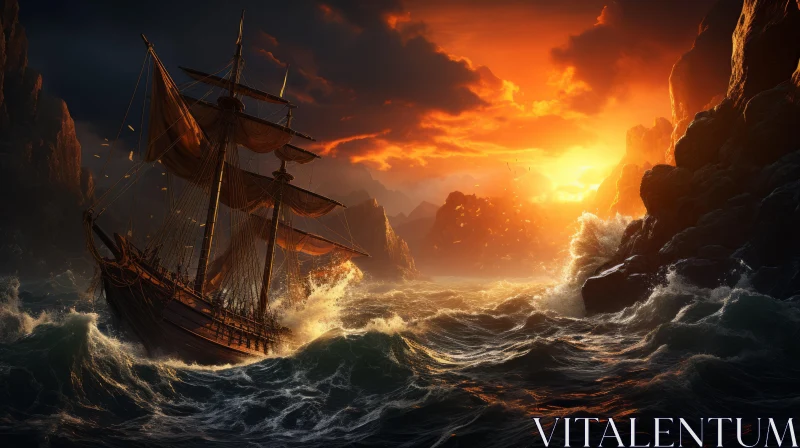Epic Fantasy Scene: Ship Navigates Stormy Seas at Sunset AI Image