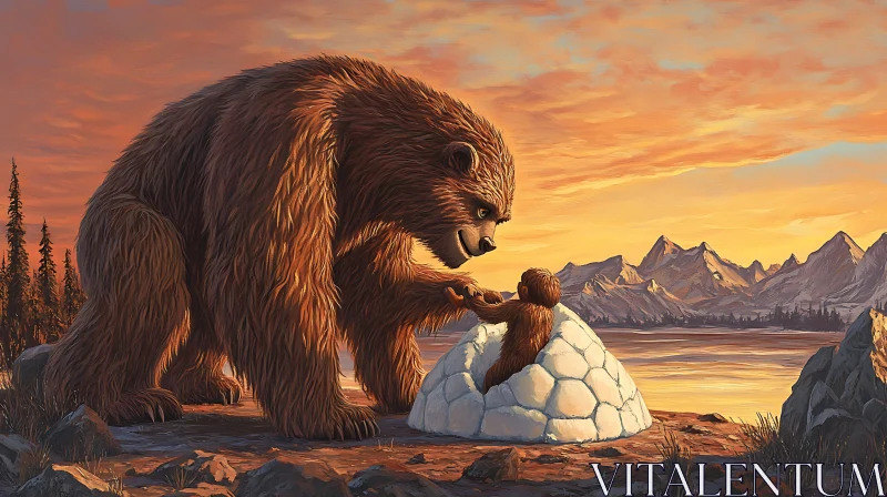 AI ART Bear Cub Protected by Mother Nature