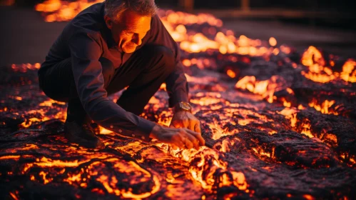 Fiery Encounter: A Man Confronts the Lava | Image