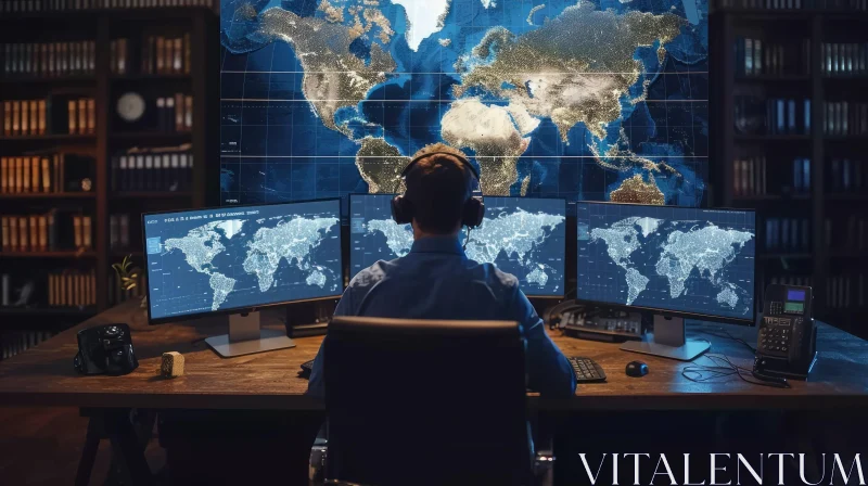 Global Imagery: A Man at a Desk with Screens Showing the World AI Image