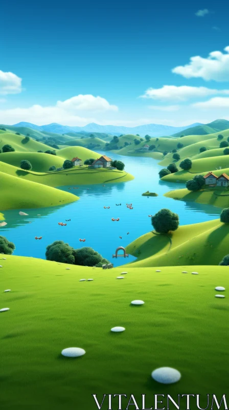 Luminous 3D Landscape: Serene Pastoral Scene with Green Lake and Hills AI Image