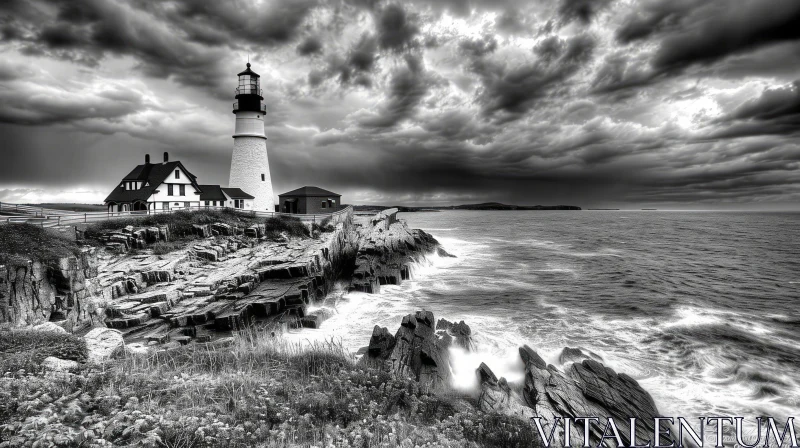 Majestic Lighthouse on Cliff: Striking Black and White HDR Photograph AI Image