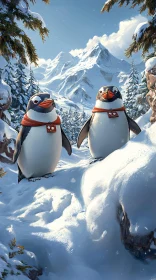 Playful Penguins Amidst Snowy Peaks