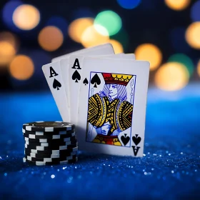 Royal Flush and Poker Chips on Blue Background