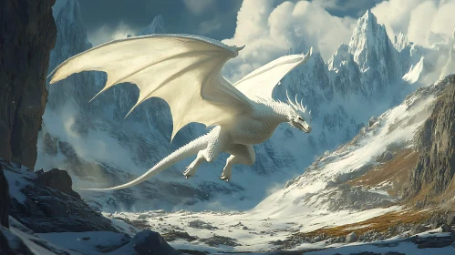 Icy Flight: White Dragon in Mountainous Landscape