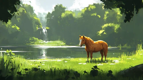 Horse by the Waterfall