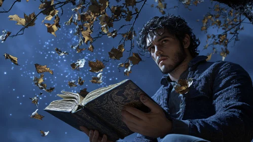 Man Reading Spellbook Under Autumn Leaves
