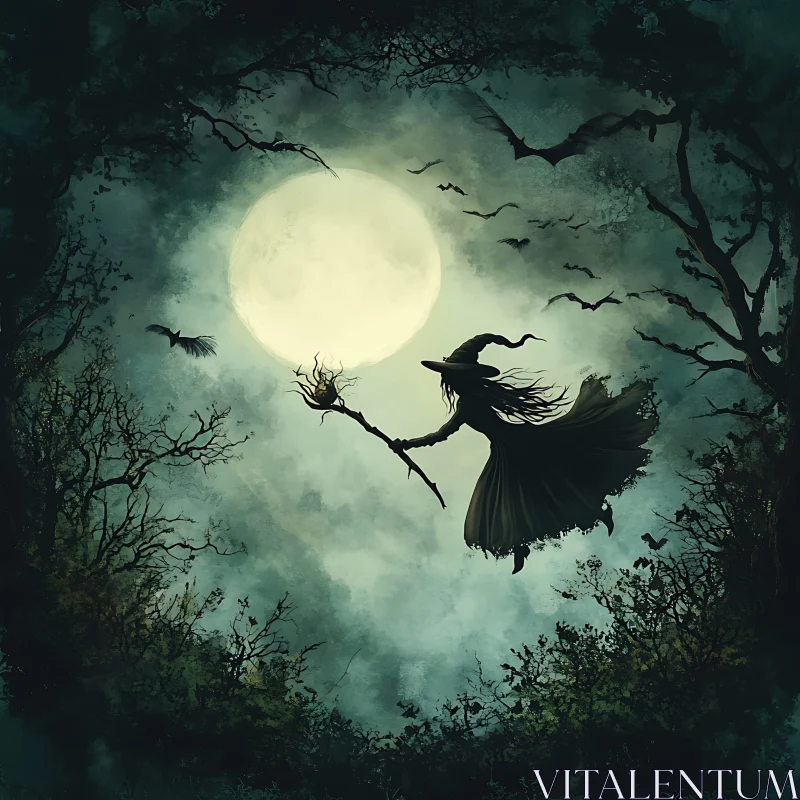 Silhouette of Witch on Broomstick