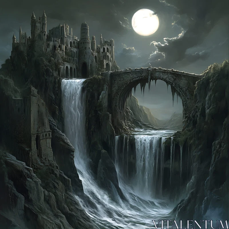 Castle by Waterfalls Under Moonlight