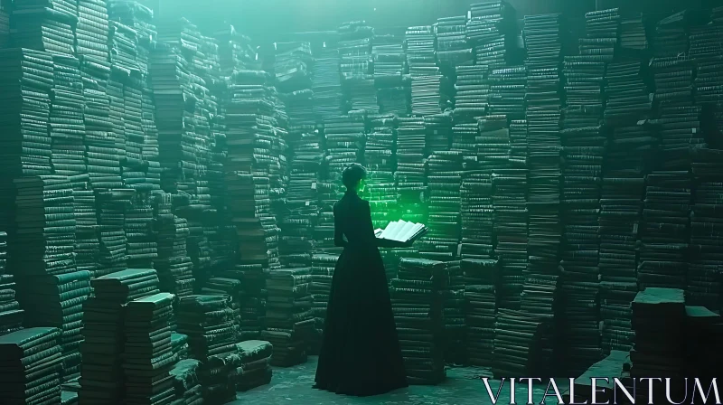 Woman Reading Magic Book in Library