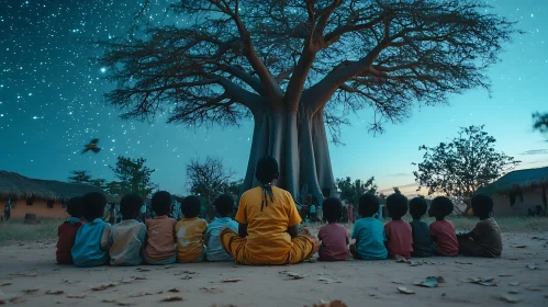Kids Gazing at Starry Night Tree