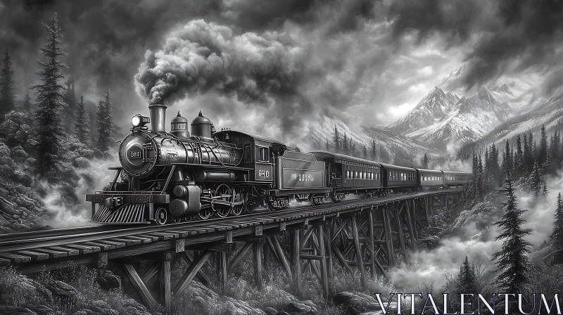 Monochrome Mountain Train Ride AI Image