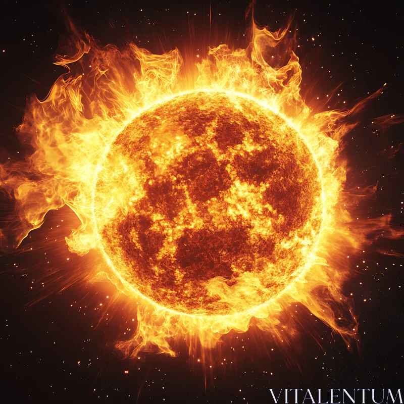 Blazing Sun with Swirling Flames and Solar Flares