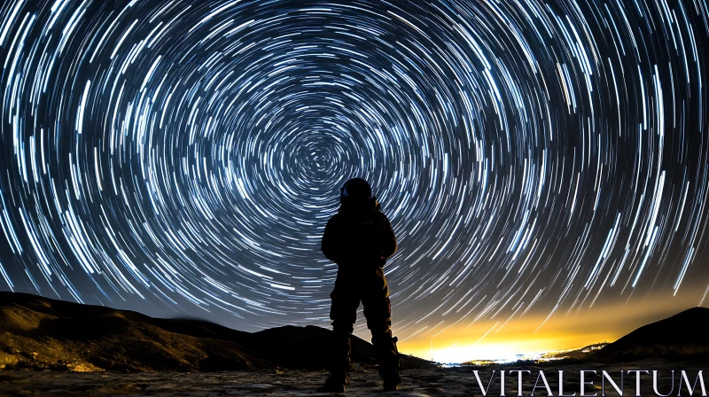 Swirling Star Trails Above Lone Figure