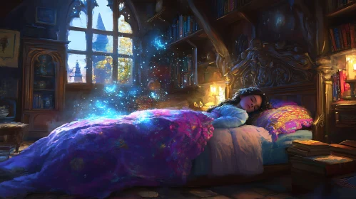 Girl's Dream in a Book-Filled Room