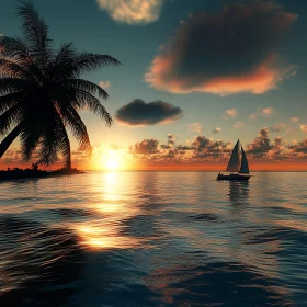 Ocean Sunset with Sailboat and Palm
