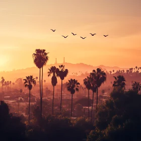 Sunset Palm Trees with Birds