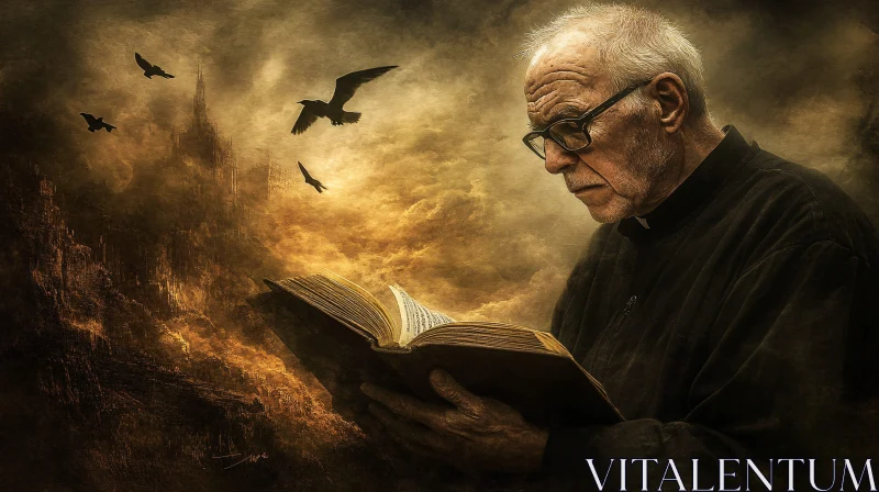 Priest Reading Book in Cloudy City