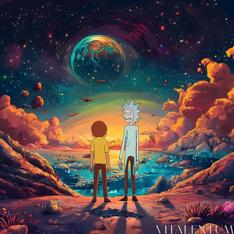 Characters Watch Surreal Space Landscape