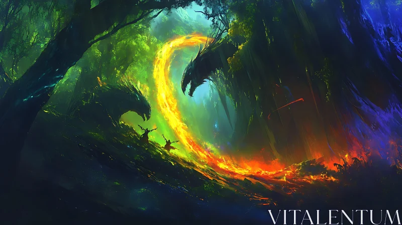 Dragons and Fire in Forest Clearing