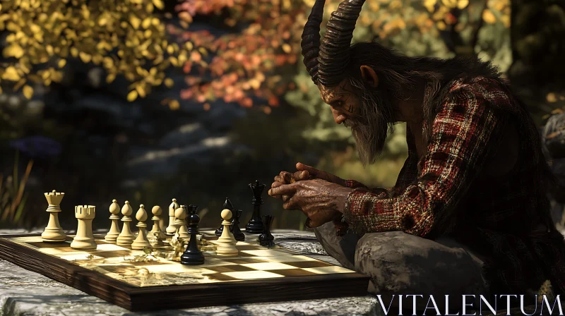 Horned Character Playing Chess Outdoors AI Image