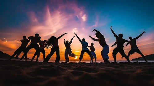 Silhouetted Figures Enjoying Sunset at the Beach