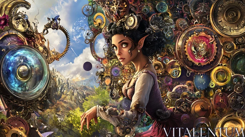 Mechanical Elf in Fantasy Landscape