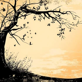 Nature Scene with Tree and Birds