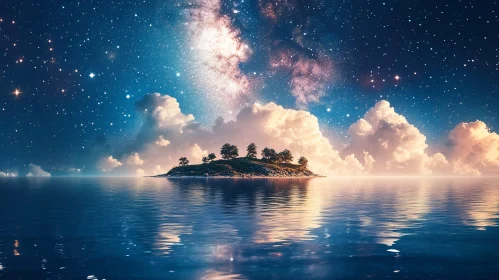 Tranquil Island Amidst Calming Waters and Starry Sky