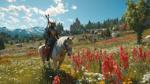 Armored Knight Riding Through Field of Flowers