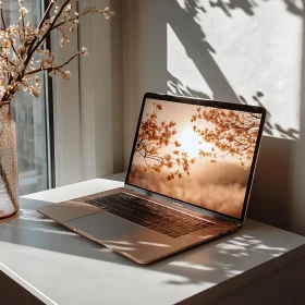 Sunlit Blossoms on Laptop Screen in Modern Workspace