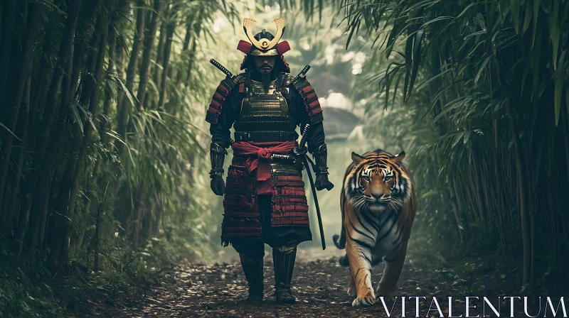 Warrior and Feline in Bamboo Grove