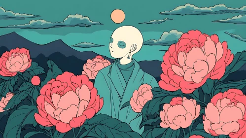 Otherworldly Being in Floral Landscape