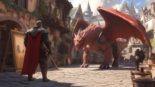 Red Dragon Encounter in Medieval City