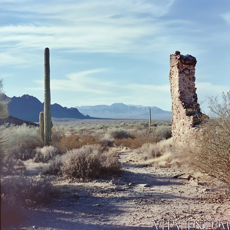 Arid Beauty: Cactus and Stone Ruins AI Image