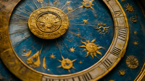 Golden Zodiac Clock on Blue Textured Background