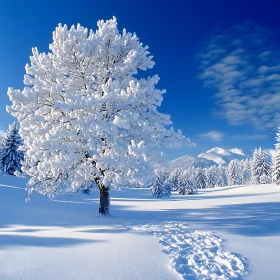 Snow-Covered Tree and Mountains in Winter
