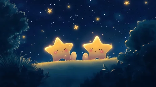 Glowing Stars on Grassy Hill Illustration