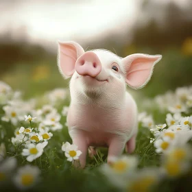 Cute Piglet Surrounded by Spring Flowers